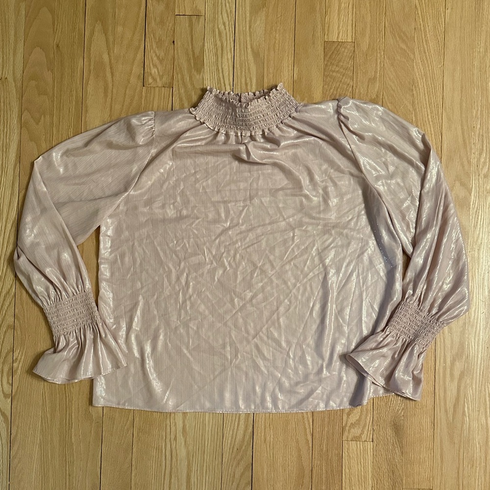 Worthington Blush/Metallic Smocked Mock Neck Puff Sleeve Blouse, Size L